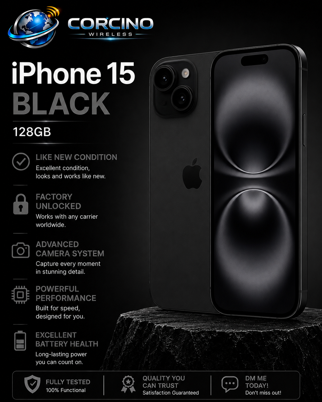 Apple iPhone 15 A2846 Unlocked 128GB - Black