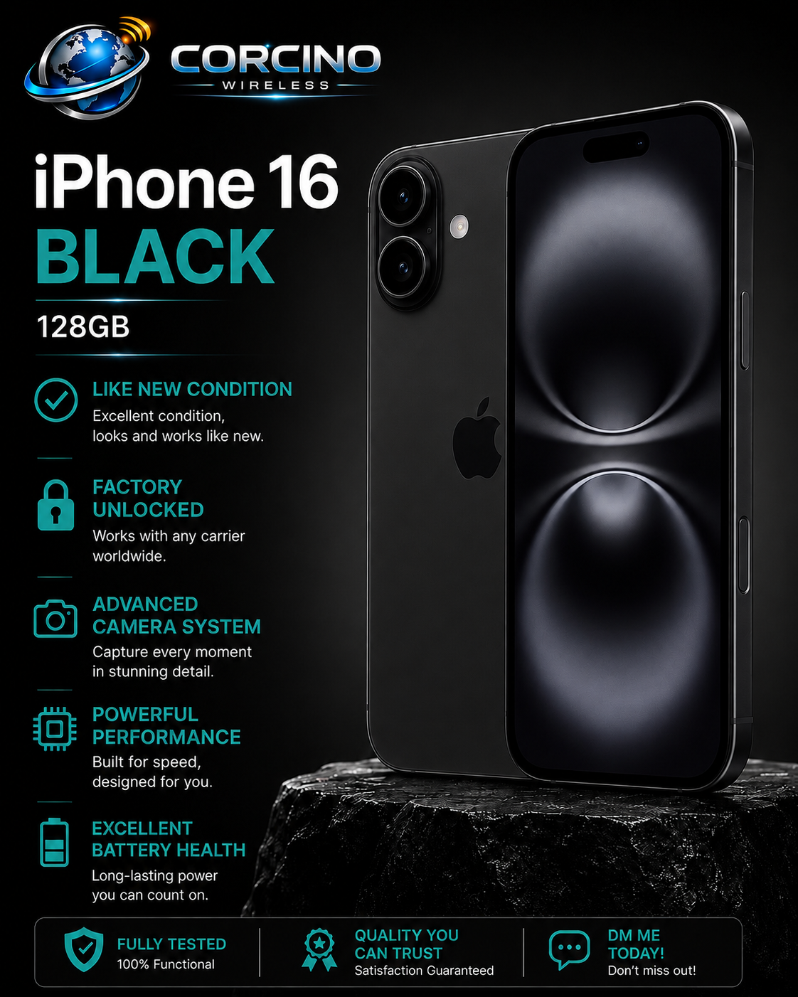 Apple iPhone 16 128GB A3081 Unlocked - Teal